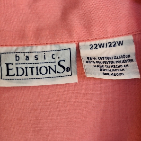 Basic Editions Plus Sz22W Melon Pink Short Sleeves Collar Button Down Cotton - Picture 2 of 10
